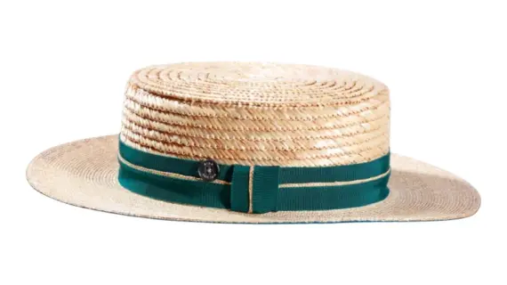 Sommerhut Ballybieter aus Stroh mit grünem Hutband|||||Sommerhut Canotier Freiamt im Herze aus gestreiftem Stroh