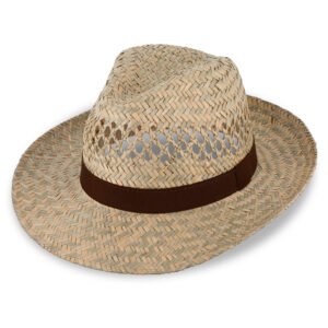Strohhut Fedora mit braunem Ripsband