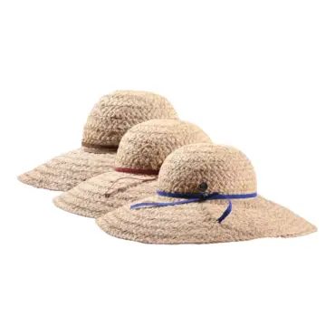 Bourgund oder Royalblau|Raffiahut mit breiter Krempe in Natur mit Bastband in Nougat