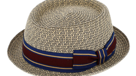 Papierhut Pork Pie melange mit gestreiftem Ripsband