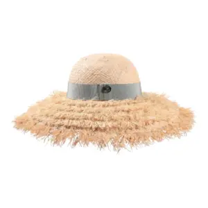 Damen Sommerhut Cloche mit fransiger Krempe aus Weizenstroh und mintfarbenem Hutband|