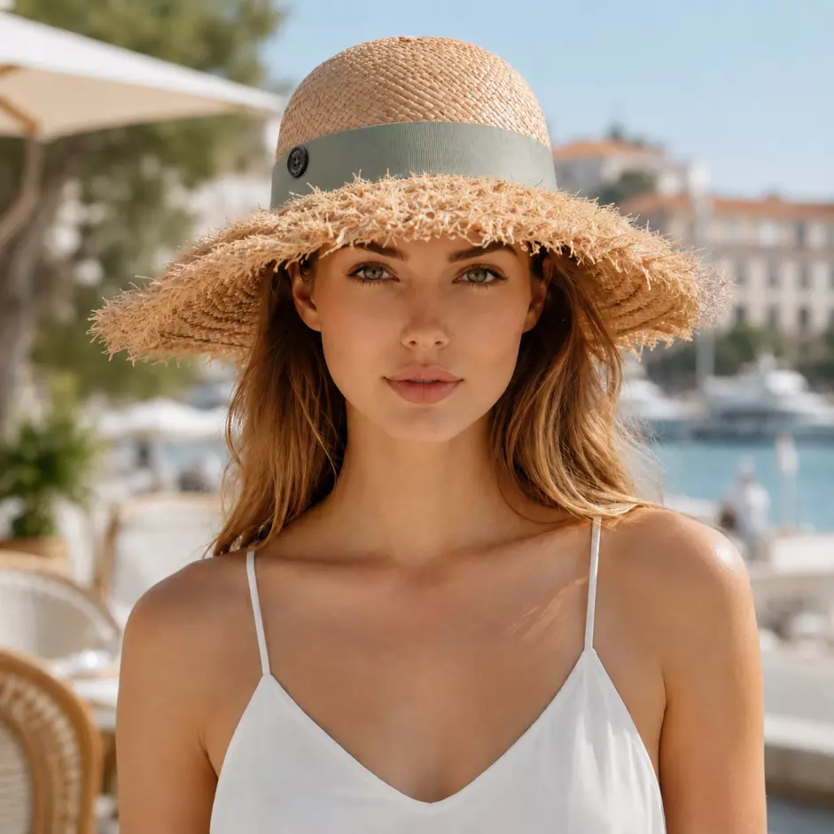 Dame mit Risa Cloche Raffiahut frayed Raffia in Natur an der Französischen Riviera