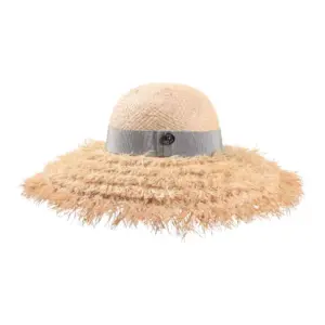 Damen Cloche Raffiahut frayed Raffia Natur mit Grosgrain Mint und seitlichem Risa-Knopf rechts