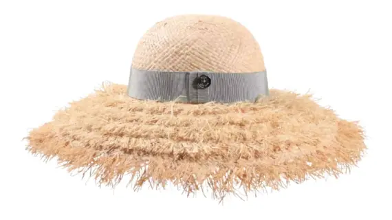 Damen Cloche Raffiahut frayed Raffia Natur mit Grosgrain Mint und seitlichem Risa-Knopf rechts
