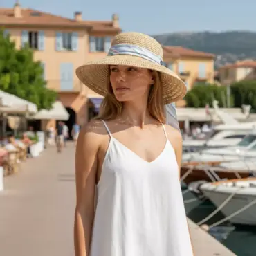 Frau trägt die Cloche fresh Raffia von Risa an der Französischen Riviera