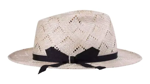 Fedora Monika aus Sisol in Natur mit marinefarbenem Hutband und seitlicher Schlaufe