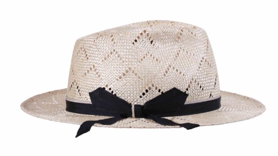 Eleganter Sommerhut Fedora aus Natur-Sisol mit marineblauem Hutband|||