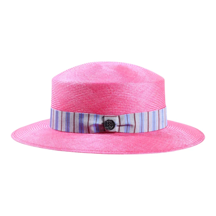 Damenhut Cloche aus Parasisol in Pink oder Gucci-Blau mit gestreiftem Seidenband