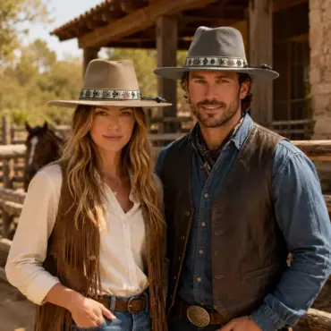 Frau und Mann mit Westernhut mit Prägung auf einer Ranch