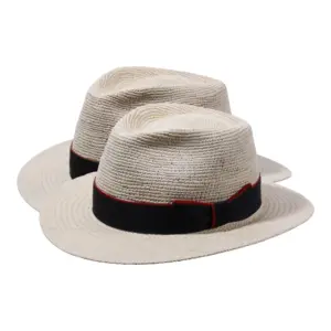Fedora City Panama Gehäkelt #4 Natur mit marineblauem Rebsband und zimtfarbenem oder rotem Passepoil