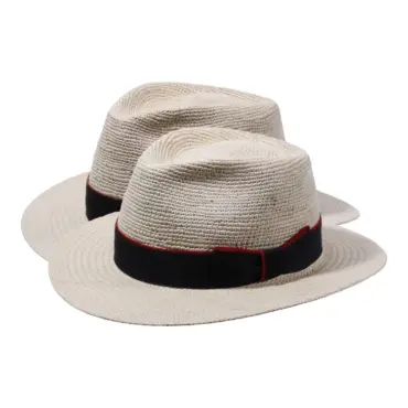 Fedora City Panama Gehäkelt #4 Natur mit marineblauem Rebsband und zimtfarbenem oder rotem Passepoil