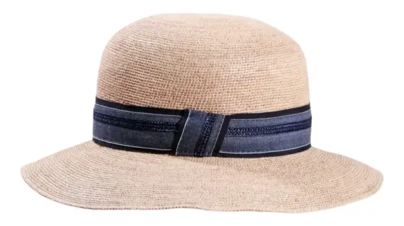Damenhut Cloche Raffia gehäkelt fein mit gestreifter Leinengarnitur in Natur/Marine.|