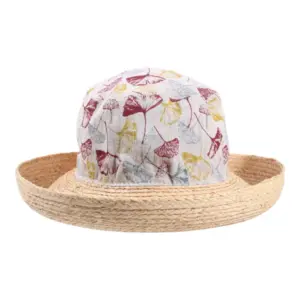 Damen Sommerhut Cloche Ginko Leinen/Raffia mit floralem Ginkomotiv und Raffia-Krempe|