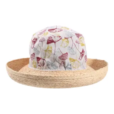 Damen Sommerhut Cloche Ginko Leinen/Raffia mit floralem Ginkomotiv und Raffia-Krempe|