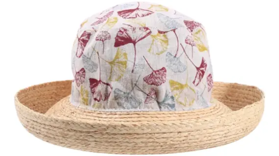 Damen Sommerhut Cloche Ginko Leinen/Raffia mit floralem Ginkomotiv und Raffia-Krempe|