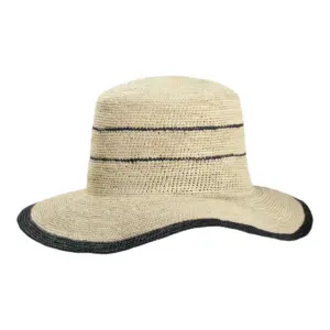 Cloche Panama gehäkelt aus 100% Panama-Stroh mit blauem Rand und Streifen|