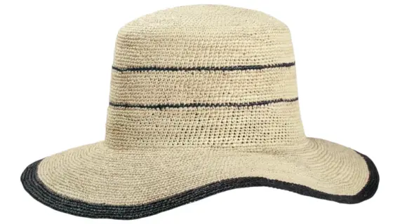 Cloche Panama gehäkelt aus 100% Panama-Stroh mit blauem Rand und Streifen|