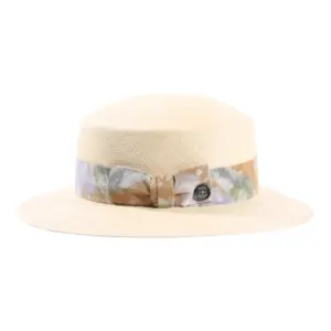 Damen Cloche Floral Panama Natur mit floralem Textilband