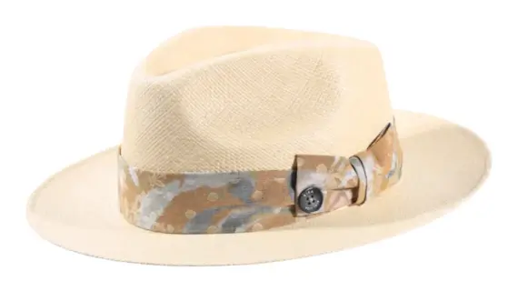 Panamahut Fedora mit floralem Hutband aus Naturstroh