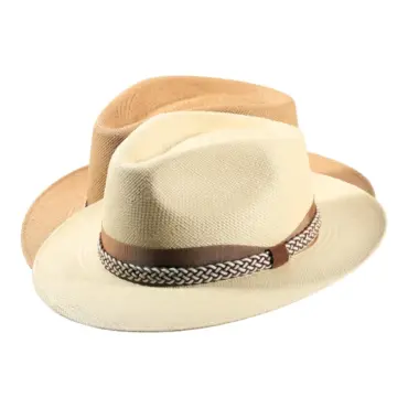 Panamahut Fedora naturfarben mit Ledergeflecht|Panamahut Fedora naturfarben mit Ledergeflecht|Panamahut Fedora naturfarben mit Ledergeflecht|||