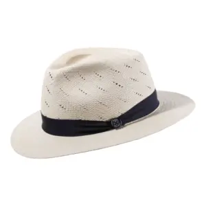 Panamahut Fedora natur mit Belüftung und marineblauem Hutband|
