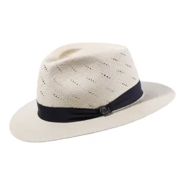 Panamahut Fedora natur mit Belüftung und marineblauem Hutband|