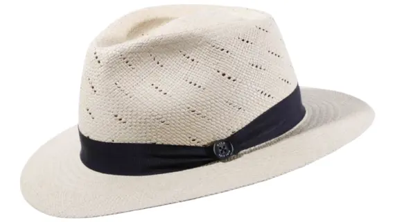 Panamahut Fedora natur mit Belüftung und marineblauem Hutband|