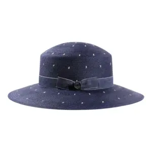 Damenhut Cloche aus Panama mit Jeansband und weißen Punkten|Damenhut Cloche aus Panama mit Jeansband und weißen Punkten||Damenhut Cloche aus Panama mit Jeansband und weißen Punkten