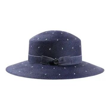 Damenhut Cloche aus Panama mit Jeansband und weißen Punkten|Damenhut Cloche aus Panama mit Jeansband und weißen Punkten||Damenhut Cloche aus Panama mit Jeansband und weißen Punkten