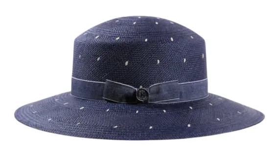 Damenhut Cloche aus Panama mit Jeansband und weißen Punkten|Damenhut Cloche aus Panama mit Jeansband und weißen Punkten||Damenhut Cloche aus Panama mit Jeansband und weißen Punkten