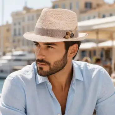 Trilby Raffia Strohschmuck Natur Nougat an Herrenmodel auf der Französischen Riviera