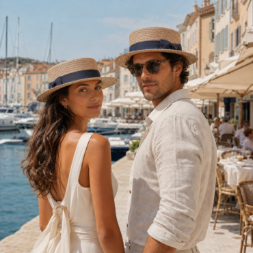 Frau und Mann mit Risa Canotier Raffia’s jeans Natur an der Französischen Riviera