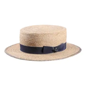 Canotier Raffia’s jeans Natur aus Raffia mit Jeans-Grosgrain, Masche links und Risa-Knopf