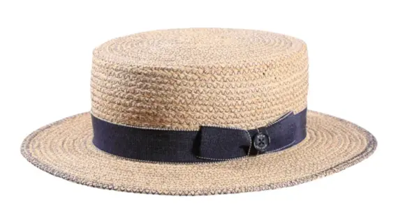 Canotier Raffia’s jeans Natur aus Raffia mit Jeans-Grosgrain, Masche links und Risa-Knopf