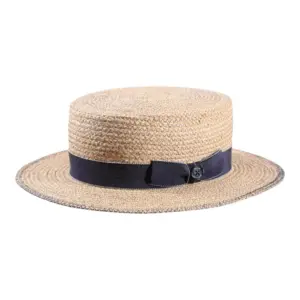 Sommerhut Canotier aus Raffia mit jeansblauer Garnitur|