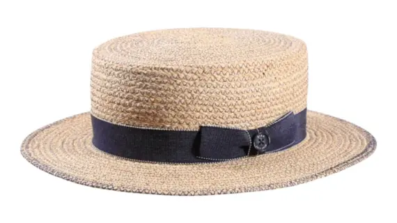 Sommerhut Canotier aus Raffia mit jeansblauer Garnitur|