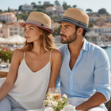 Trilby 5cm Raffia Fein Stoffrand an Damen- und Herrenmodel auf der Französischen Riviera
