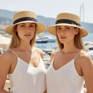 Zwei Damen mit Risa Cloche Raffiahüten in Natur an der Französischen Riviera