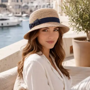 Frau trägt die Cloche Raffia’s Jeans von Risa an der Französischen Riviera