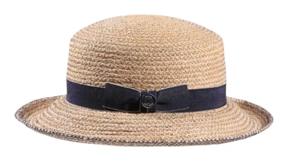 Naturfarbener Aufschlaghut aus Raffia mit Jeansband|
