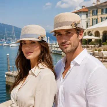 Frau und Mann mit Cap Raffia Strohschmuck an einer sonnigen Hafenpromenade