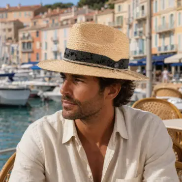 Fedora Traveler Raffia Natur mit dunklem Blumen Motivband und Hanfschnur