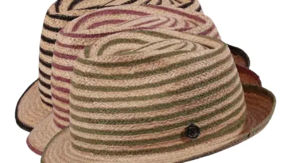 Altrosa oder Olivegrün|Strohhut Trilby aus Raffia mit farbigen Borten in Schwarz