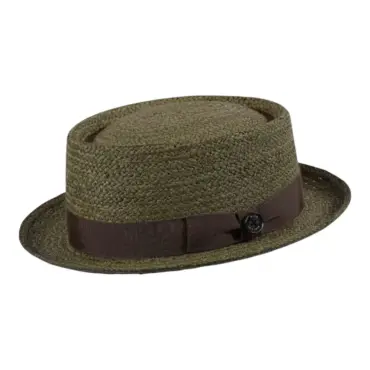 Porkpie Strohhut aus Raffia in vier Farben mit Rebsband und 1919 Knopf