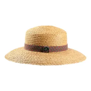 Damen Strohhut mit breiter Krempe und Textilband in Karooptik|