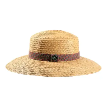 Damen Strohhut mit breiter Krempe und Textilband in Karooptik|