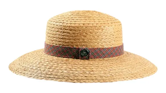 Damen Strohhut mit breiter Krempe und Textilband in Karooptik|