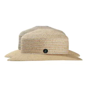 Damencloche Leinen-Raffia Natur Blau mit seitlichem Risa-Knopf rechts