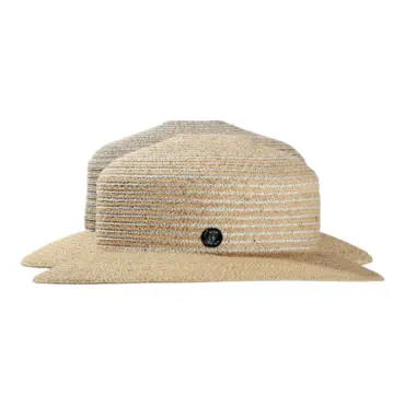 Damencloche Leinen-Raffia Natur Blau mit seitlichem Risa-Knopf rechts