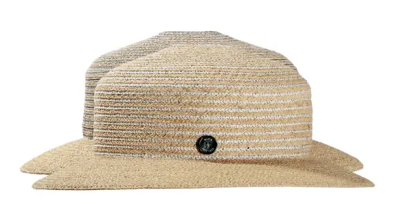 Damencloche Leinen-Raffia Natur Blau mit seitlichem Risa-Knopf rechts
